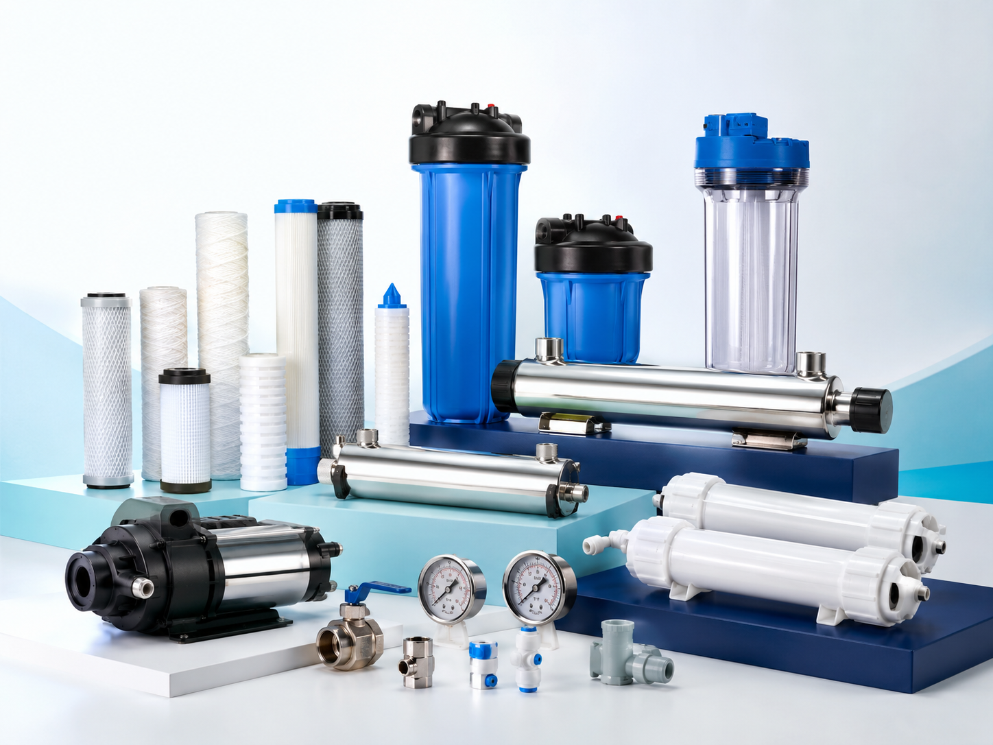 Componentes, lámparas UV, portafiltros y accesorios para tratamiento de agua